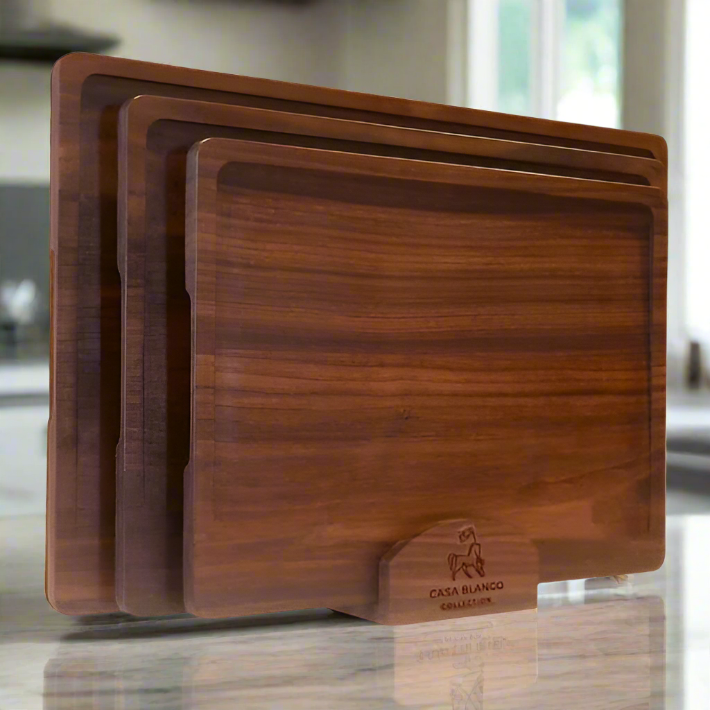 CBC-BWCBS3 - 3 Piece Black Walnut Cutting Board Set With Stand - Casa Blanco Collection -  Wood Chopping Block - Perfect for cutting steak, vegetables, fruit, cheese, bread and food prep - Kitchen must have - Kitchen tool for BBQ