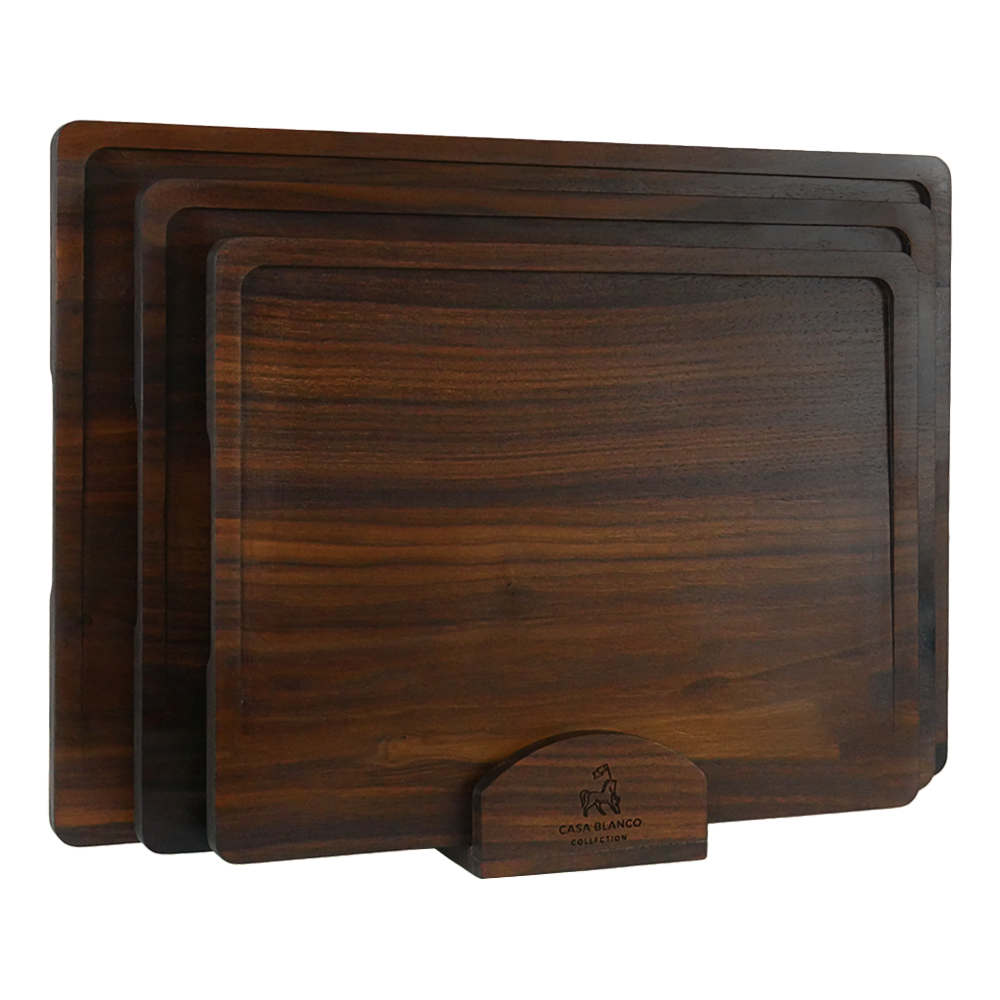 CBC-BWCBS3 - 3 Piece Black Walnut Cutting Board Set With Stand - Casa Blanco Collection -  Wood Chopping Block - Perfect for cutting steak, vegetables, fruit, cheese, bread and food prep - Kitchen must have - Kitchen tool for BBQ - WB